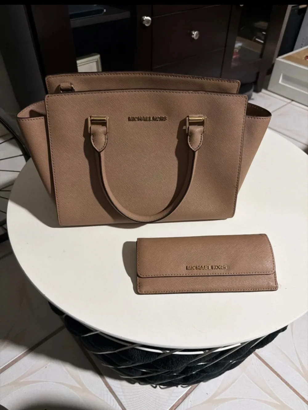 MICHAEL KORS Beige/Taupe Saffiano Leather Tote with Matching Wallet